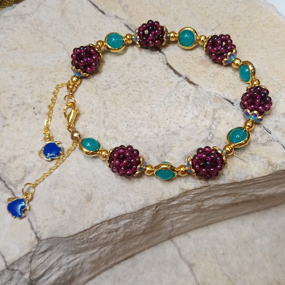 Genuine Garnet And Blue Jade Beaded Bracelet